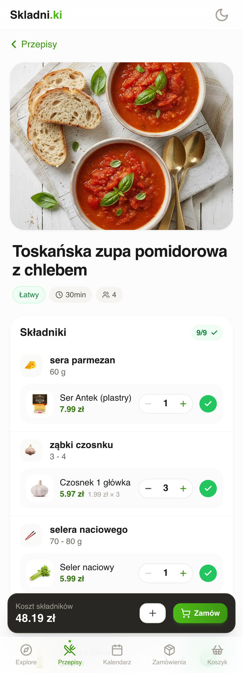 Skladniki: przepis z dopasowanymi składnikami